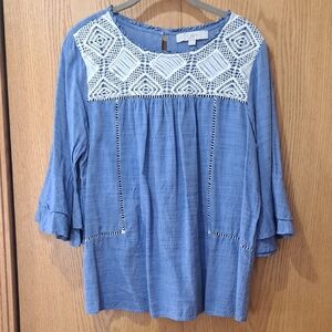 LOFT Chambray Blouse with White Crochet Detail